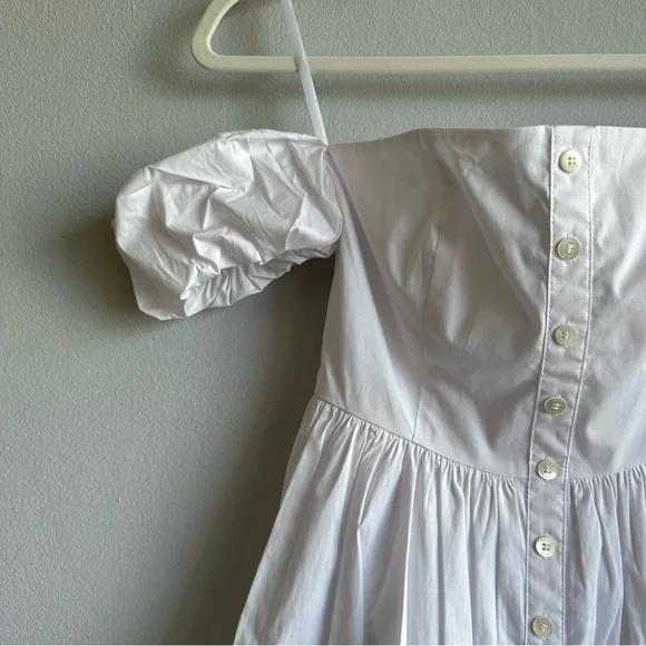 Staud Mini Elio Dress in White / Off The Shoulder Prairie Dress w/ Puffy Sleeves - Picture 7 of 13